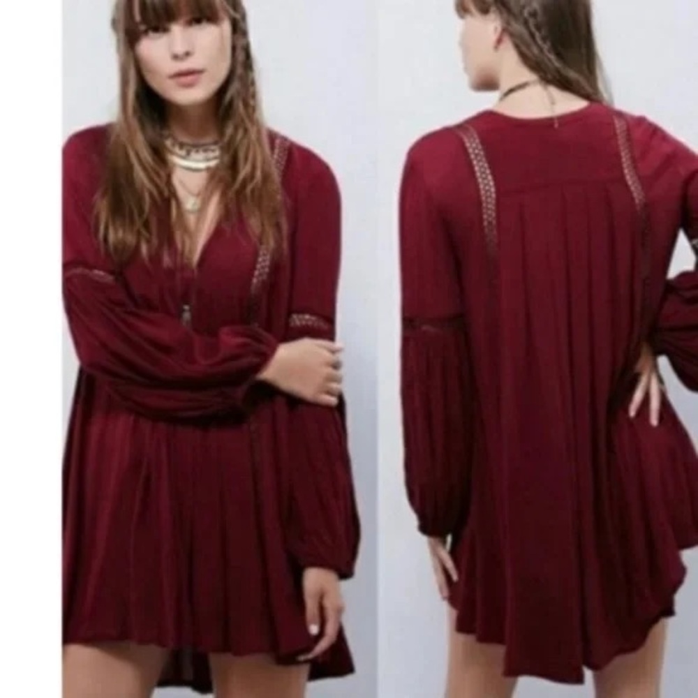 FREE PEOPLE Just the Two of Us Tunic Top Dress Burgundy Boho Festival Small GUC